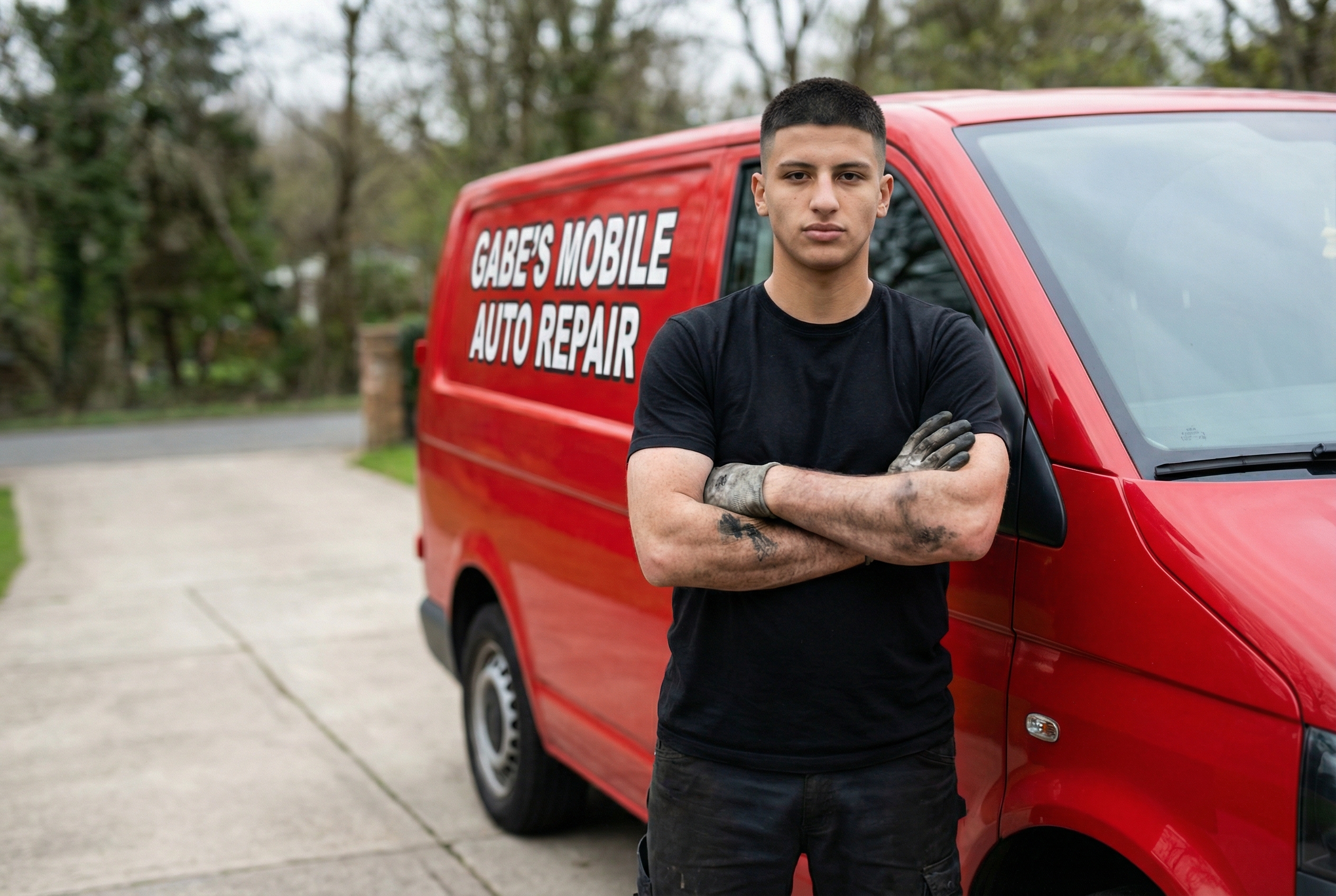 Mechanic in front of van
